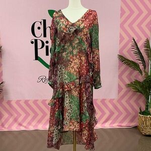 Maeve Floral Ruffle Midi Dress — Green & Burgundy